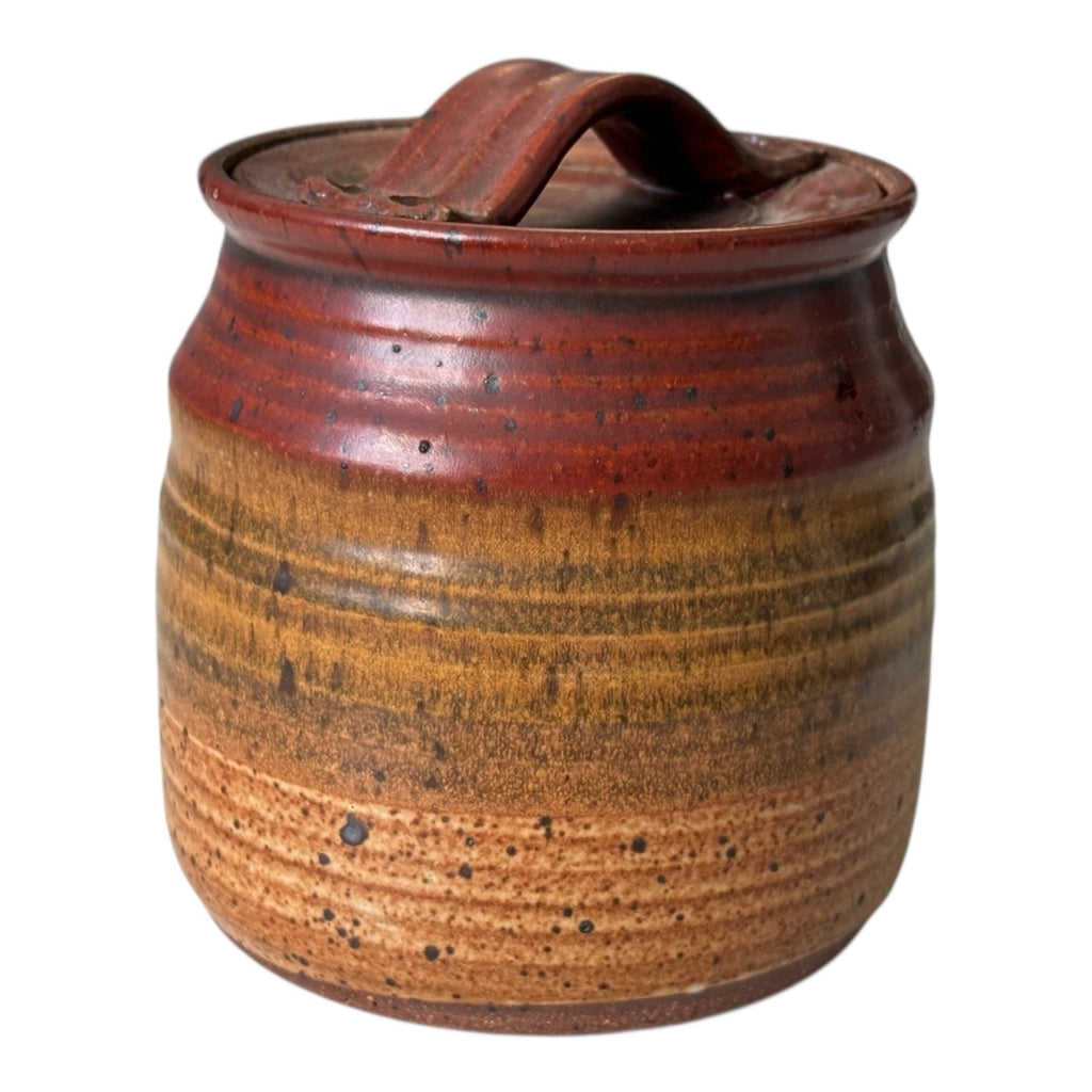 Vintage Stoneware Pottery Crock with Red and Tan Striped Design (Signed, Schwab)