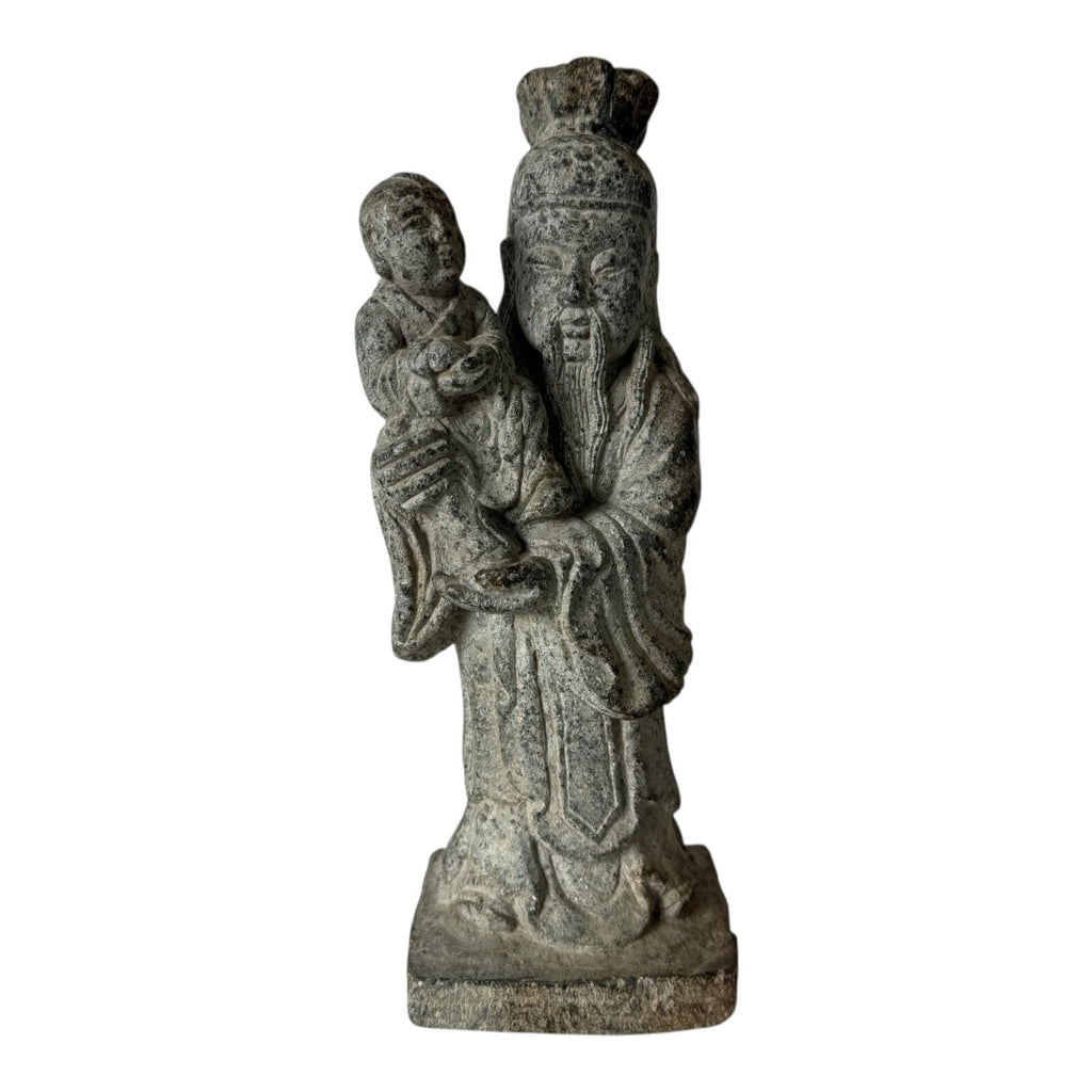 Antique Chinese Shou Lao Longevity Deity God Carved Stone Statue with Child