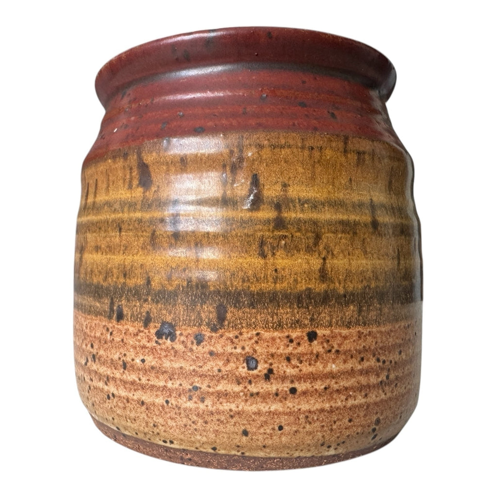 Vintage Stoneware Pottery Crock with Red and Tan Striped Design (Signed, Schwab)
