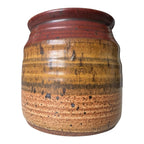 Vintage Stoneware Pottery Crock with Red and Tan Striped Design (Signed, Schwab)