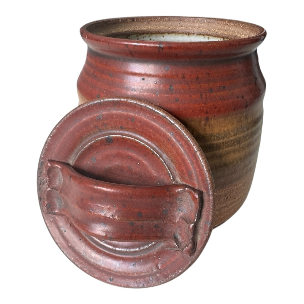 Vintage Stoneware Pottery Crock with Red and Tan Striped Design (Signed, Schwab)
