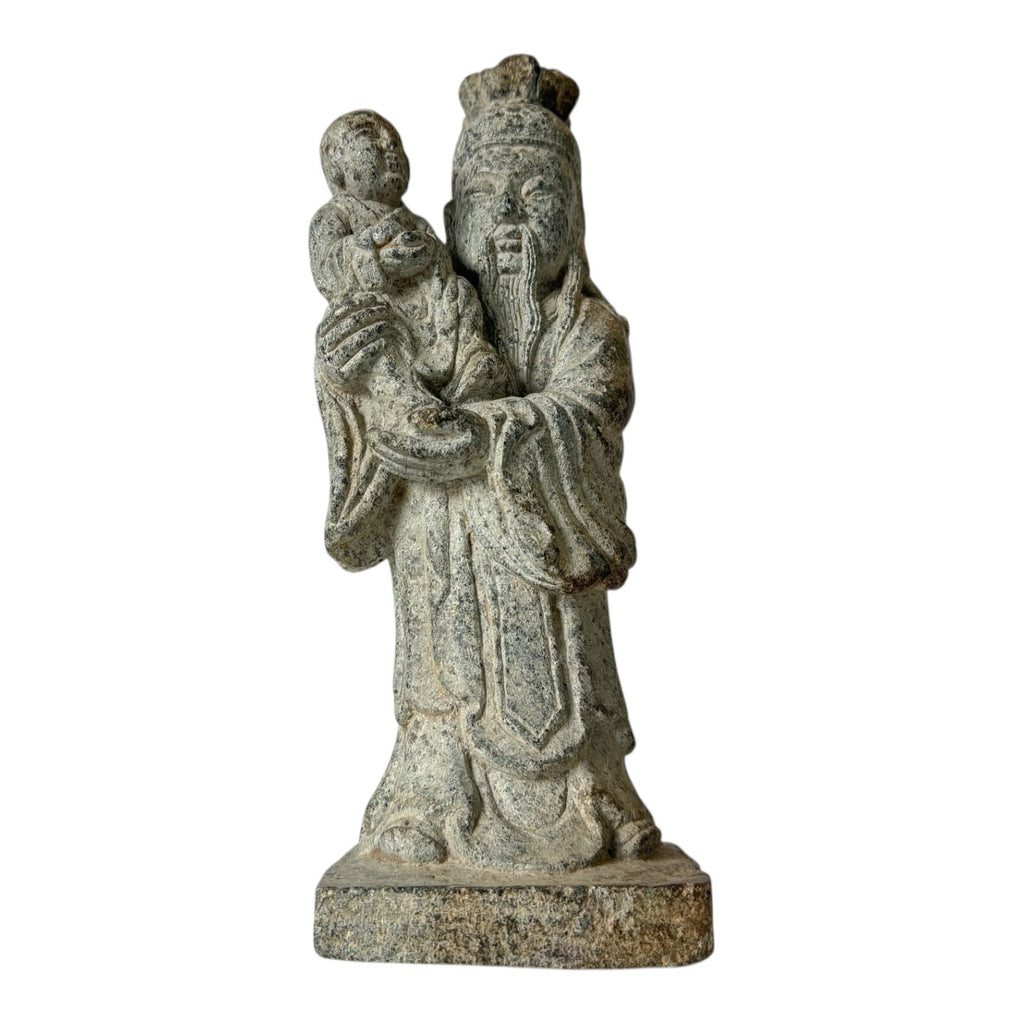 Antique Chinese Shou Lao Longevity Deity God Carved Stone Statue with Child