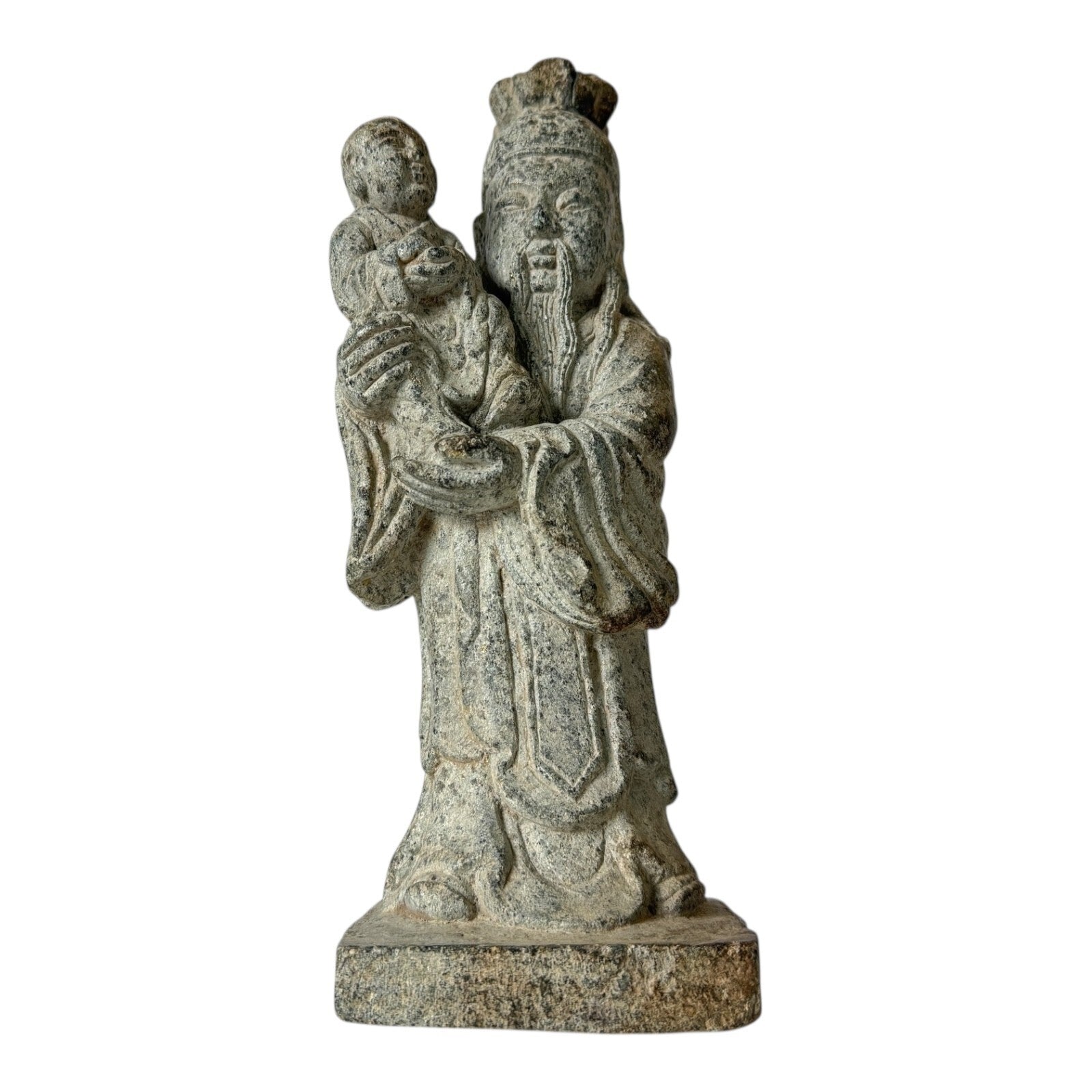 Antique Chinese Shou Lao Longevity Deity God Carved Stone Statue with Child