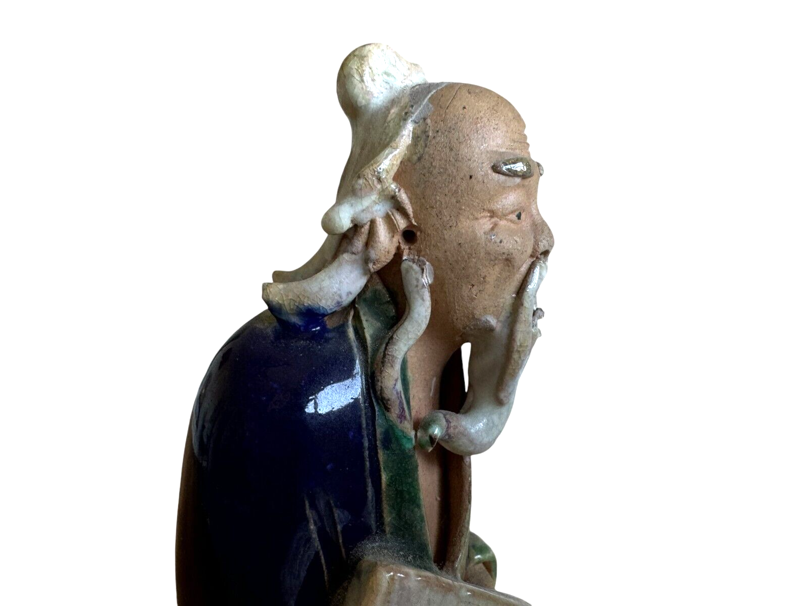 Antique Chinese Export Dark Blue Glazed Ceramic Pottery Mudman Figurine
