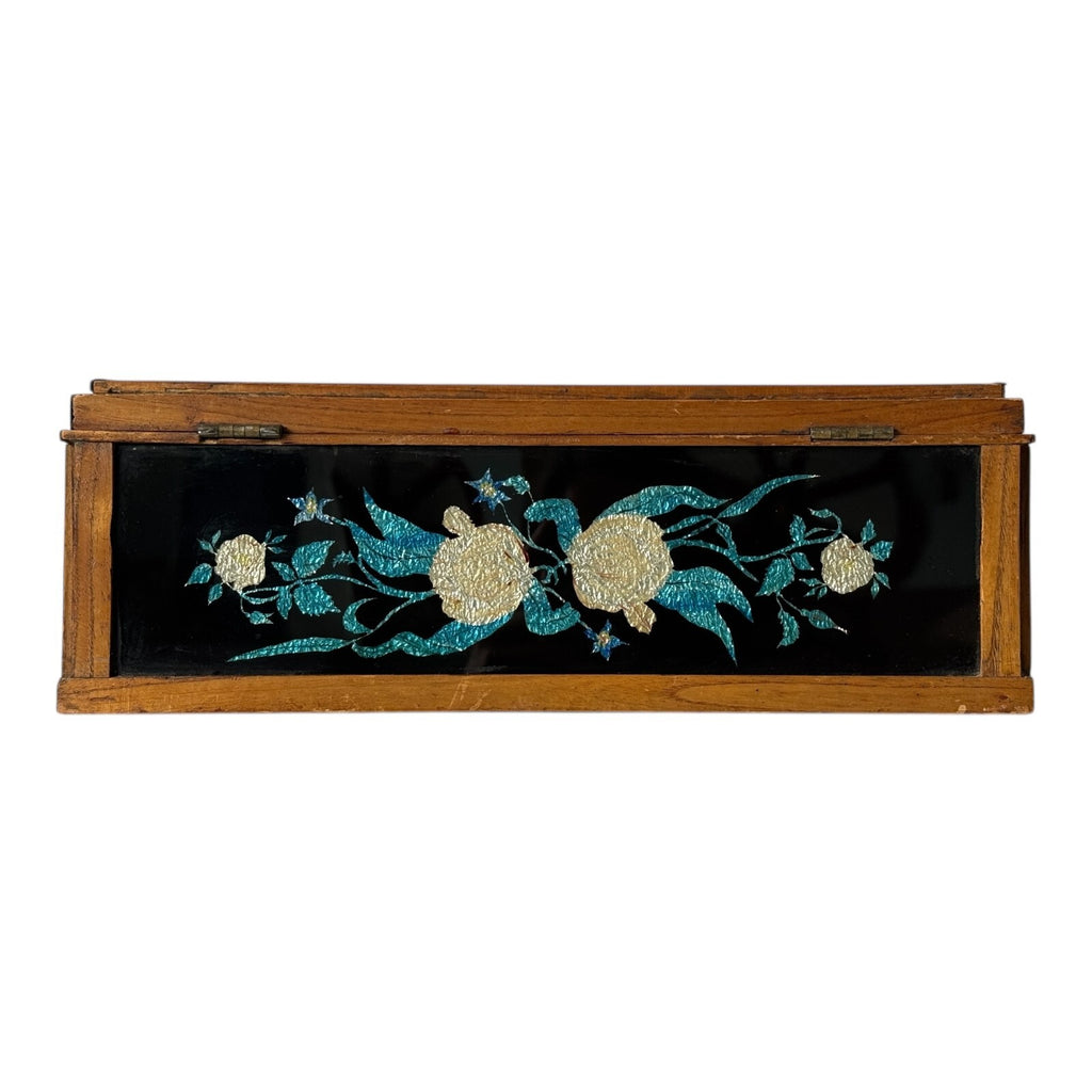 Vintage Mid Century Floral Glass Jewelry Box Foilwork Trinket Box
