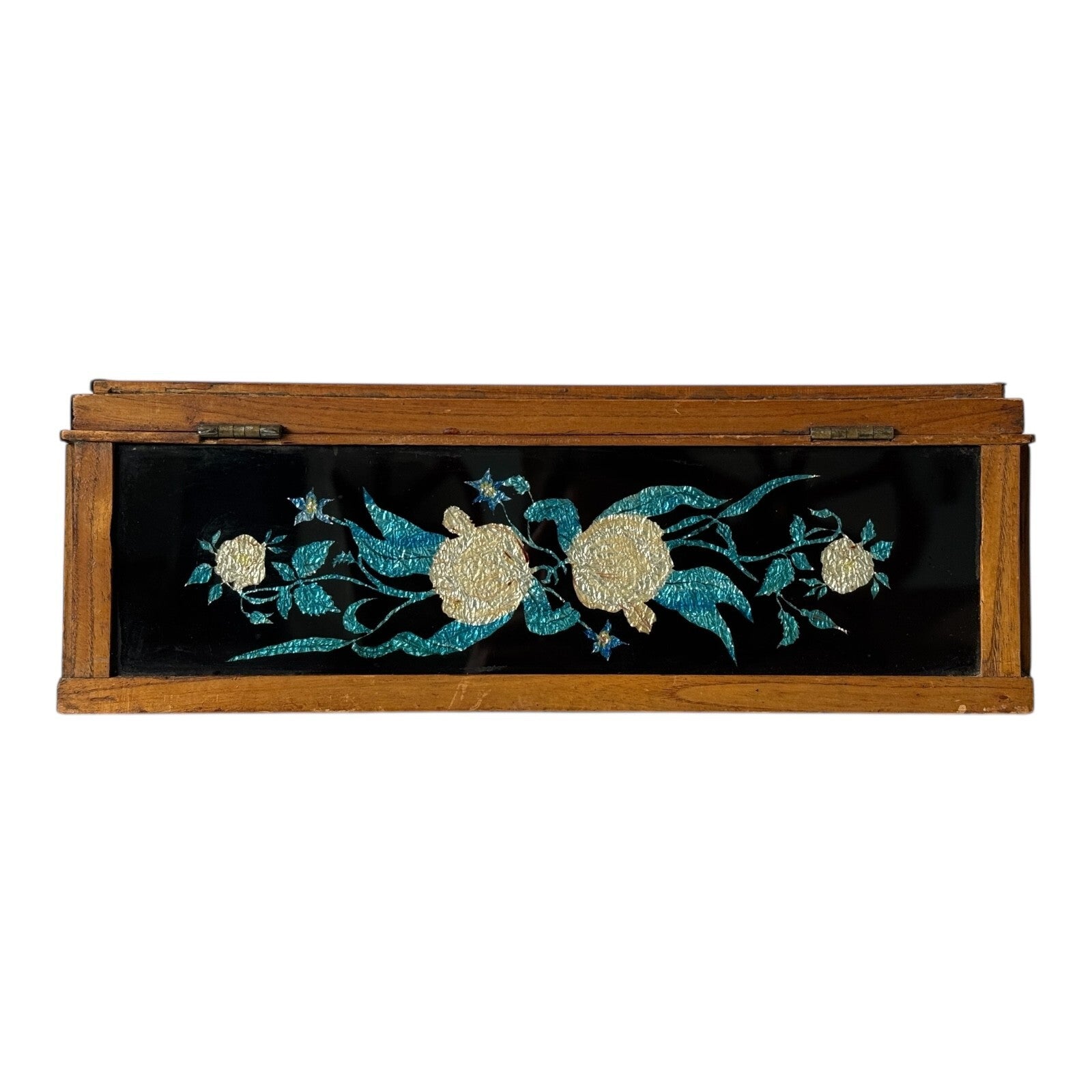 Vintage Mid Century Floral Glass Jewelry Box Foilwork Trinket Box