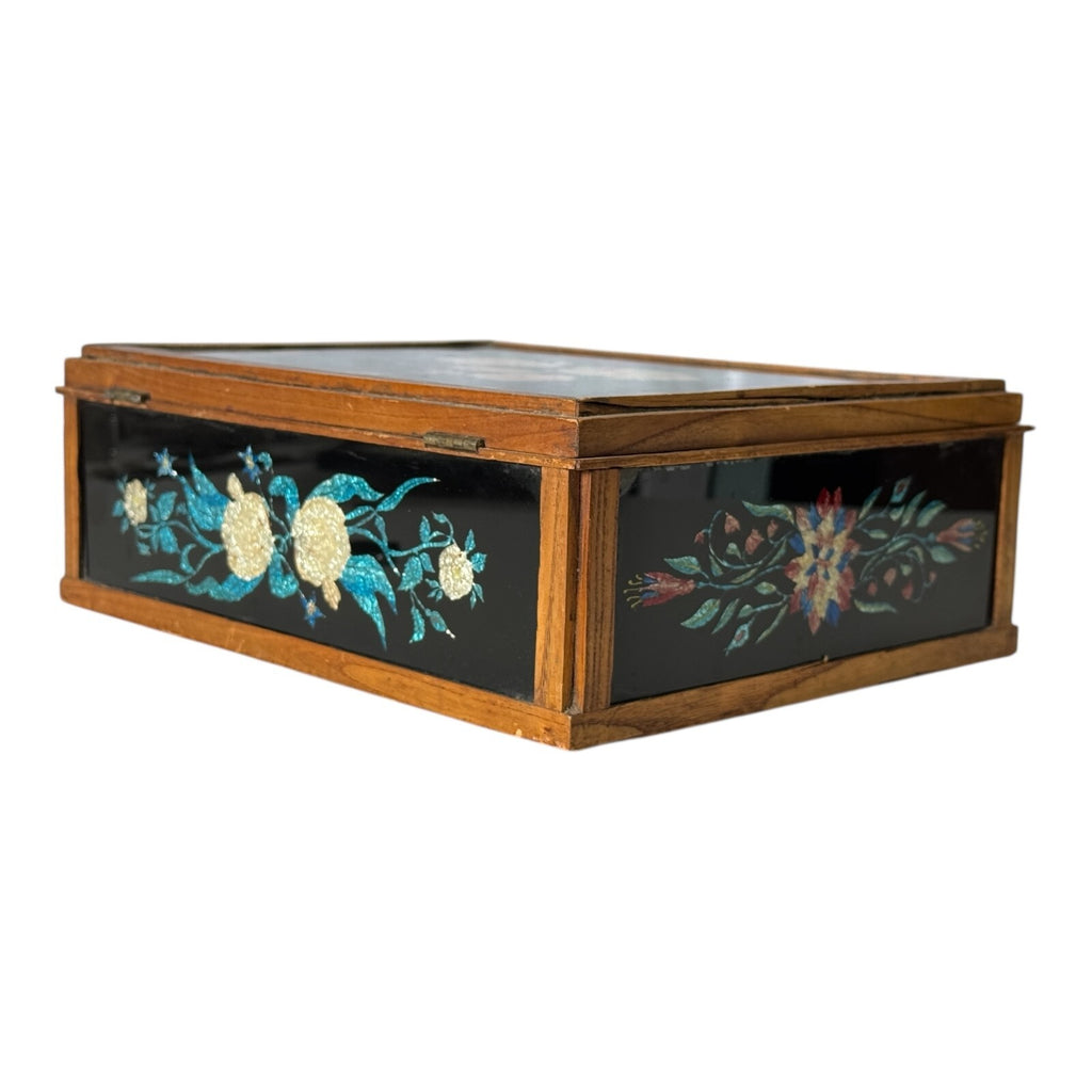 Vintage Mid Century Floral Glass Jewelry Box Foilwork Trinket Box