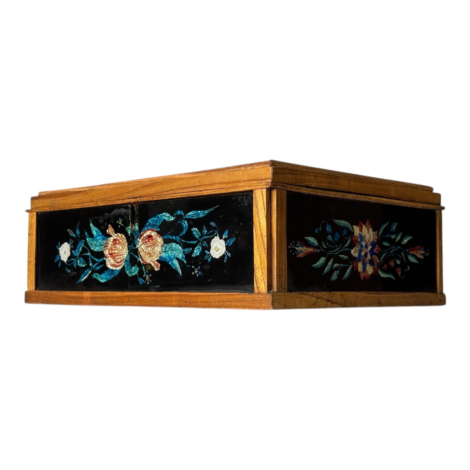 Vintage Mid Century Floral Glass Jewelry Box Foilwork Trinket Box