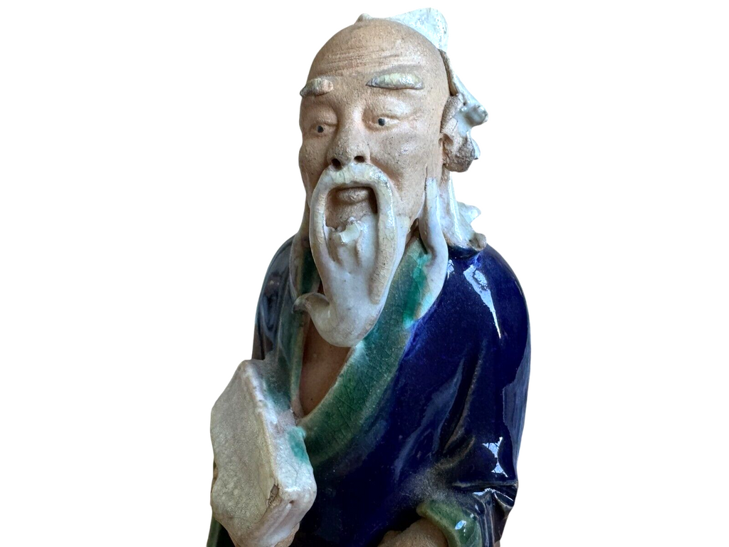 Antique Chinese Export Dark Blue Glazed Ceramic Pottery Mudman Figurine