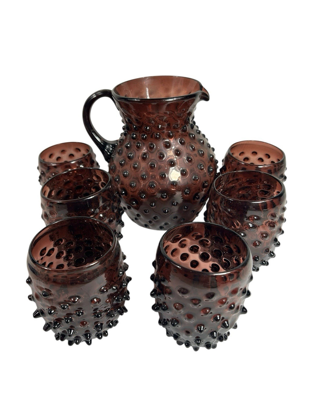 Antique Purple Amethyst Hobnail Handblown Pitcher & 6 Tumblers