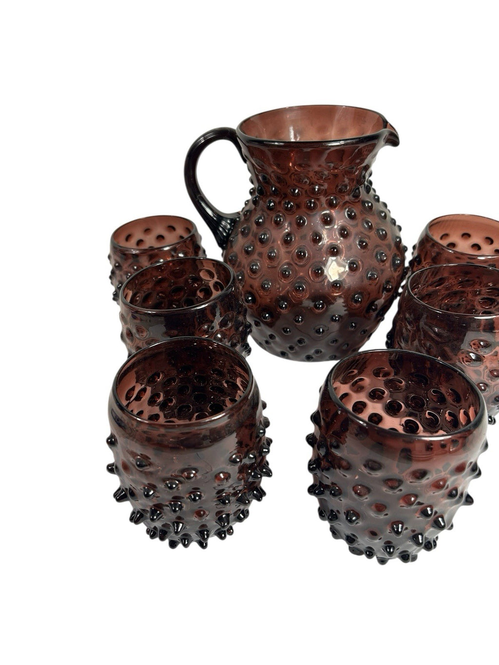 Antique Purple Amethyst Hobnail Handblown Pitcher & 6 Tumblers