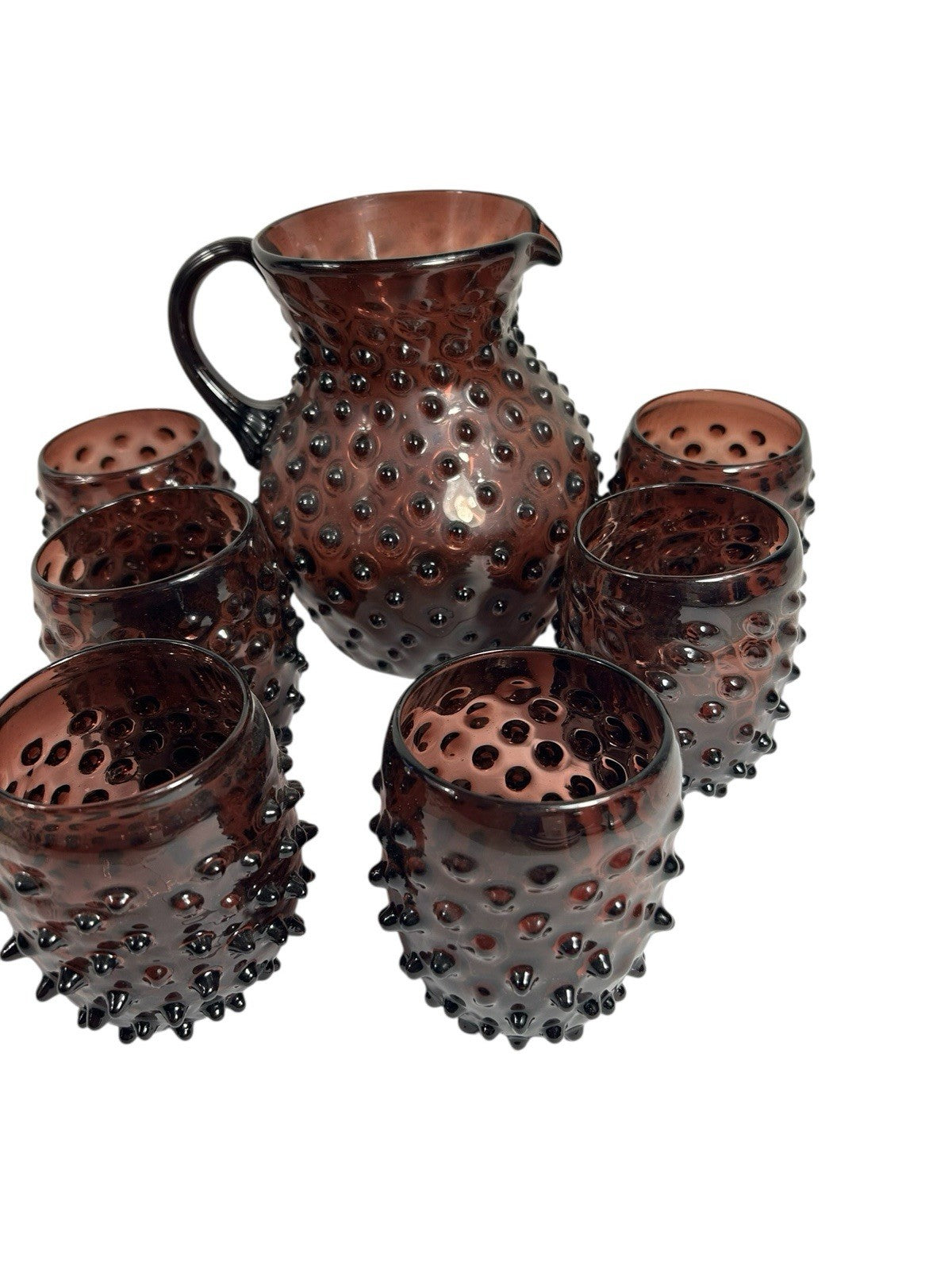 Antique Purple Amethyst Hobnail Handblown Pitcher & 6 Tumblers