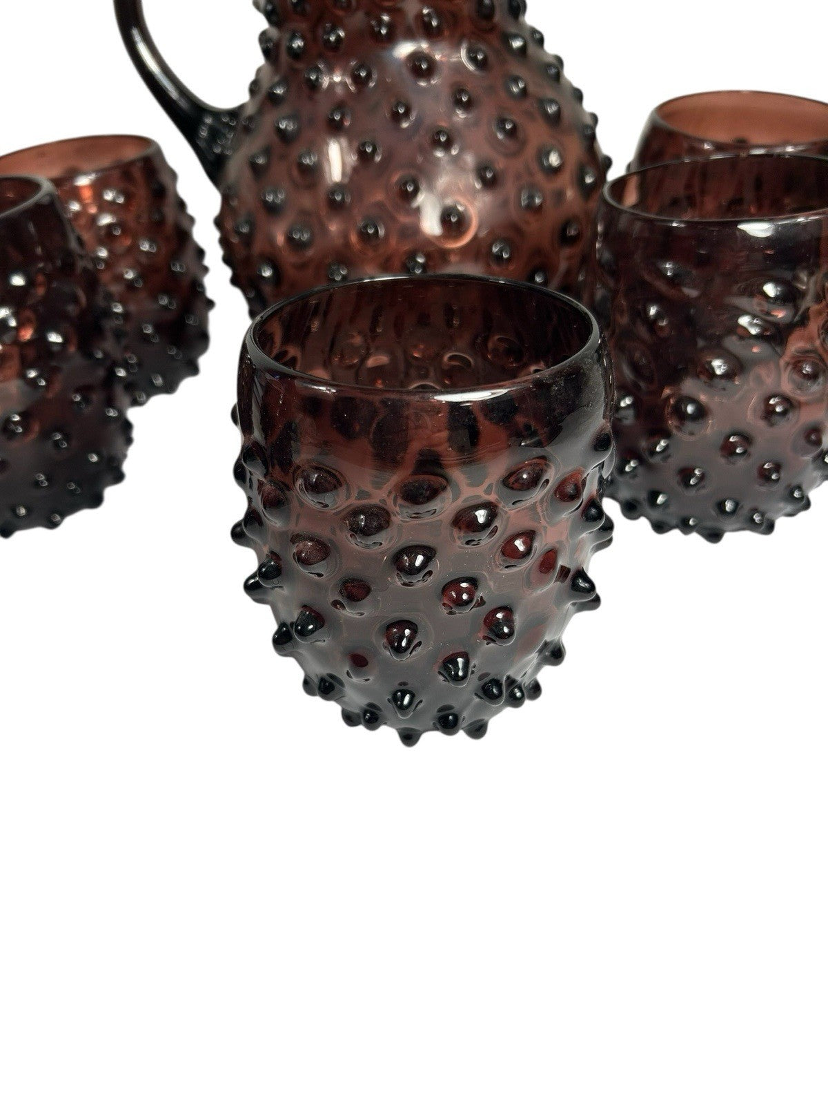 Antique Purple Amethyst Hobnail Handblown Pitcher & 6 Tumblers