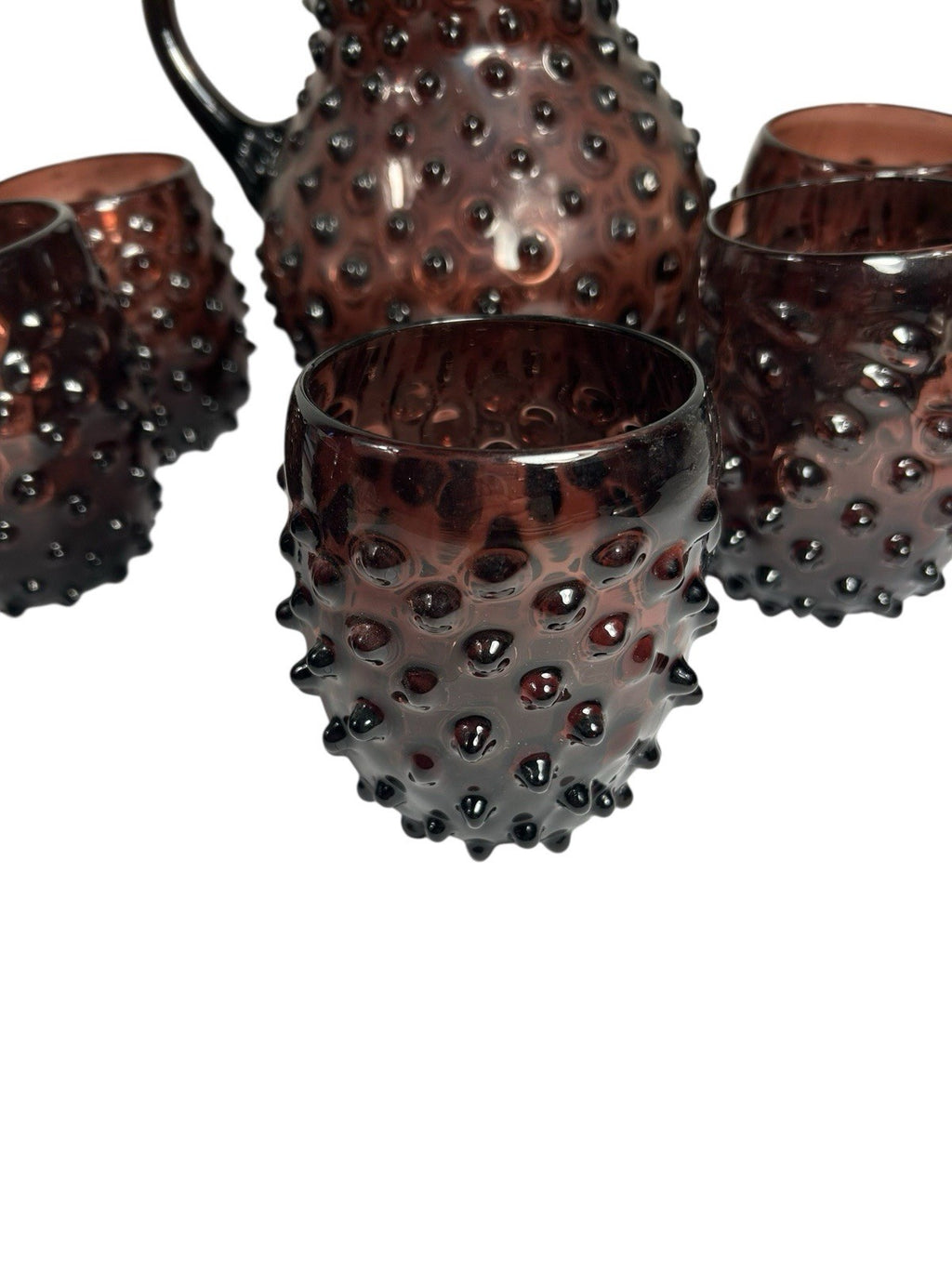 Antique Purple Amethyst Hobnail Handblown Pitcher & 6 Tumblers