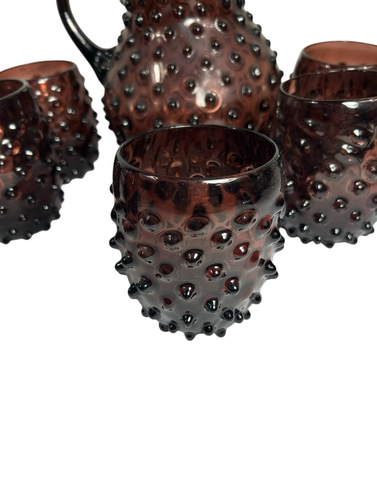 Antique Purple Amethyst Hobnail Handblown Pitcher & 6 Tumblers