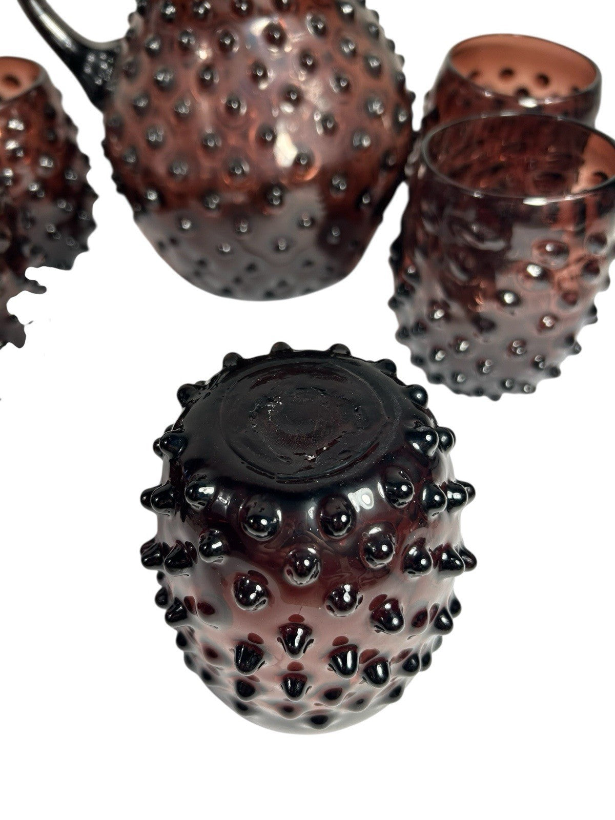 Antique Purple Amethyst Hobnail Handblown Pitcher & 6 Tumblers