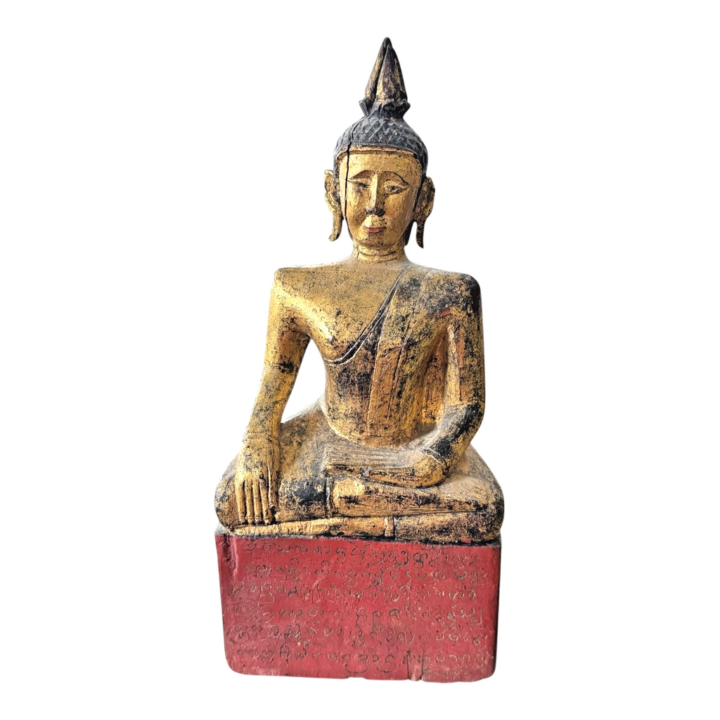 Antique Thai Gold Gilt Wood Carved Seated Buddha Statue on Red Base