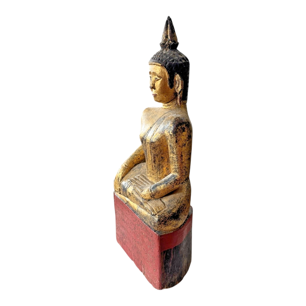 Antique Thai Gold Gilt Wood Carved Seated Buddha Statue on Red Base