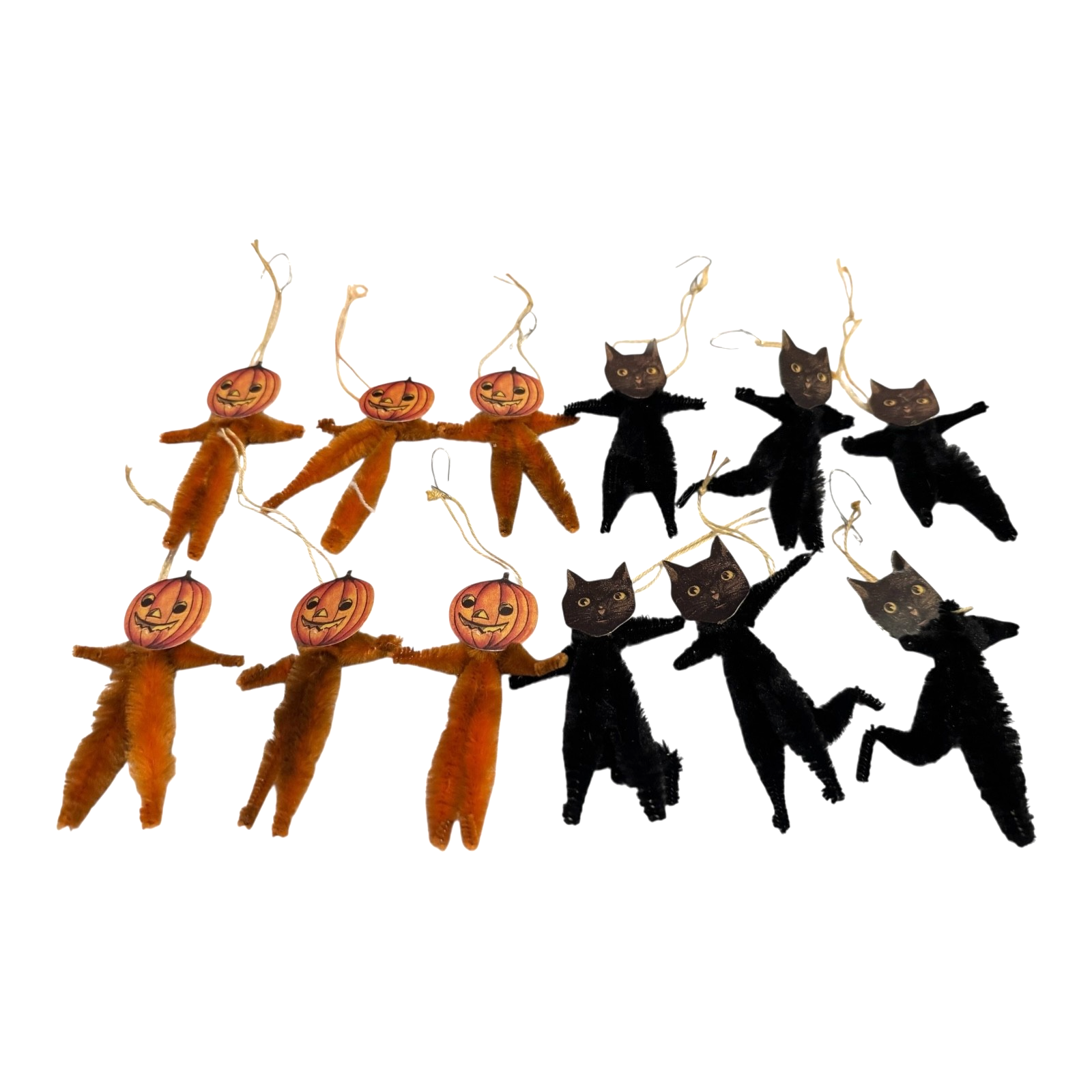 Vintage Japan Chenille Halloween Black Cat & Pumpkin Ornaments (Set of 12)