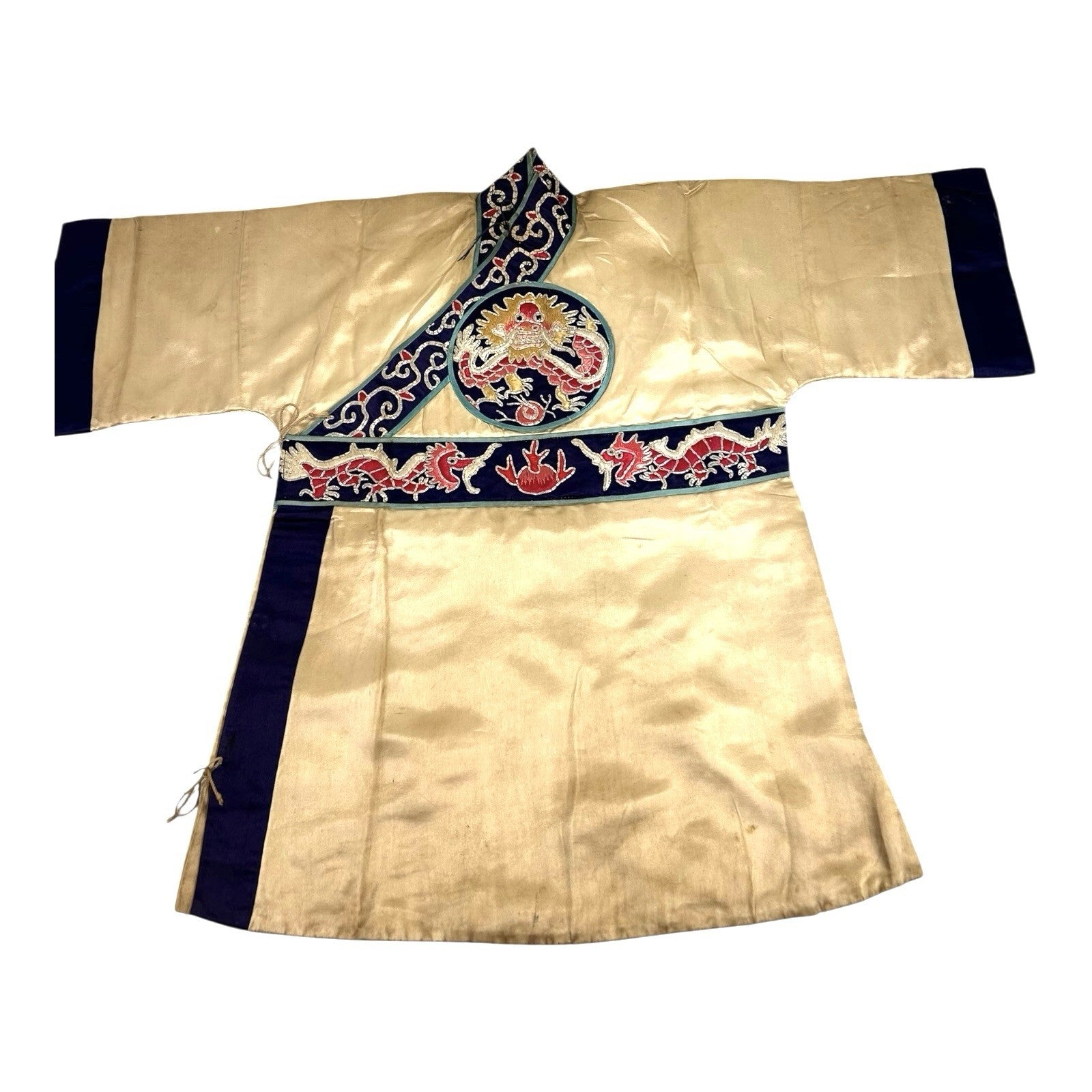 Antique Chinese Hand Embroidered Qing Dynasty Silk Dragon Themed Child's Robe