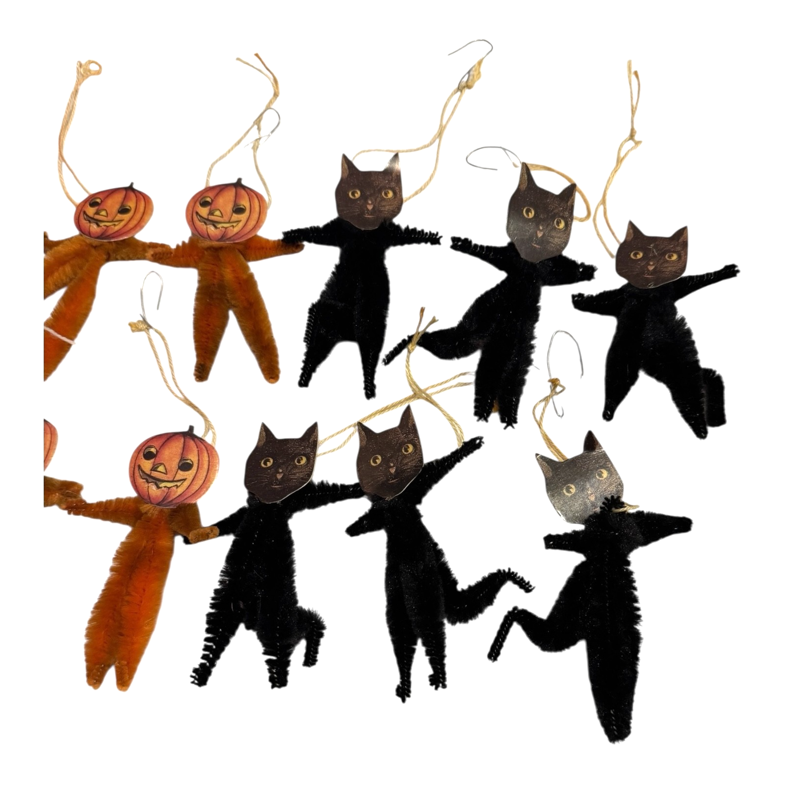 Vintage Japan Chenille Halloween Black Cat & Pumpkin Ornaments (Set of 12)