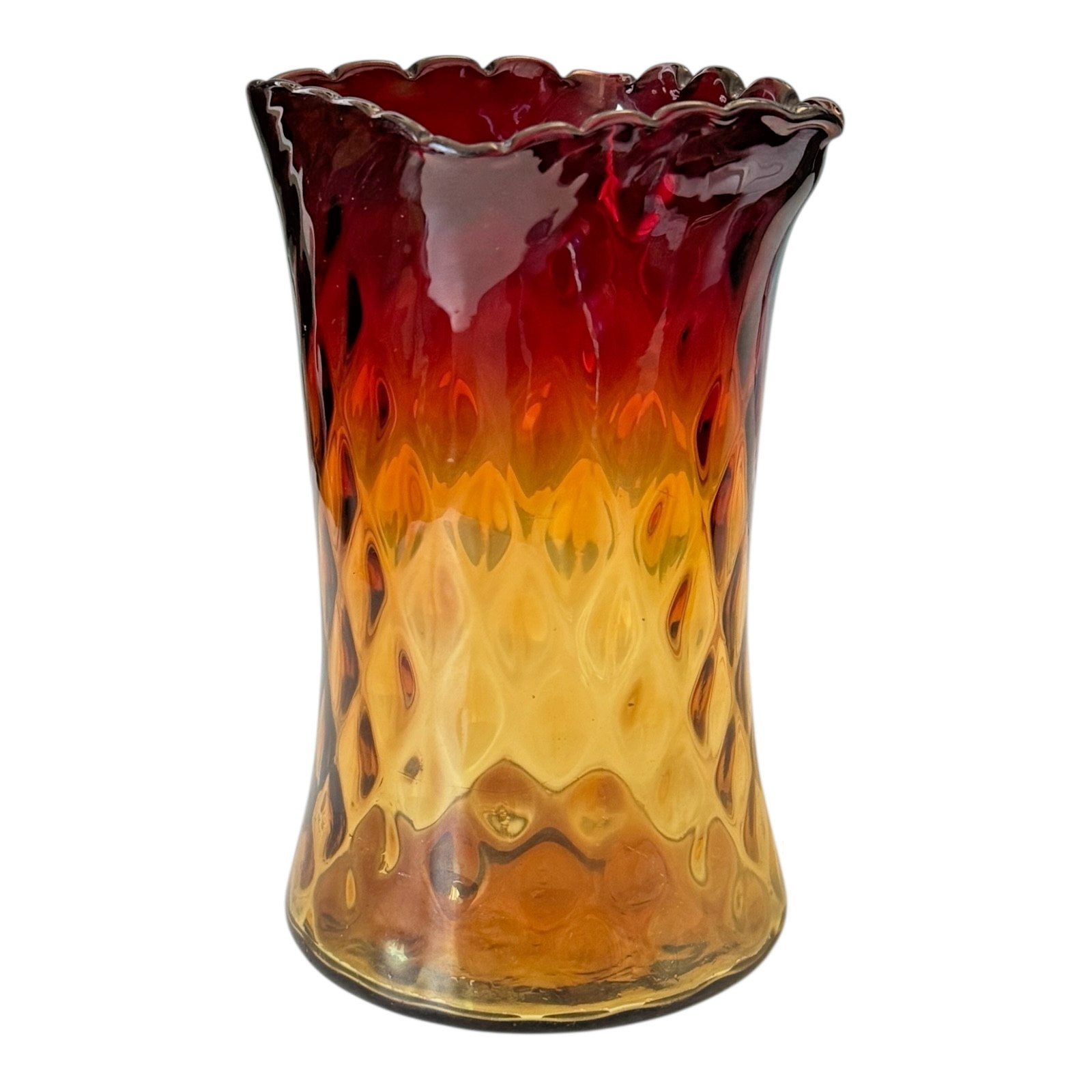 Antique New England Amberina Glass Raindrop Quilted Square Top Celery Vase