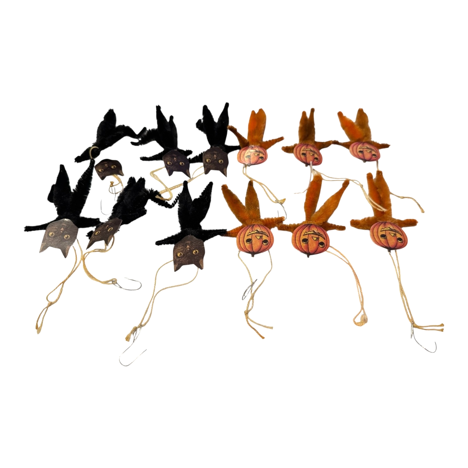 Vintage Japan Chenille Halloween Black Cat & Pumpkin Ornaments (Set of 12)