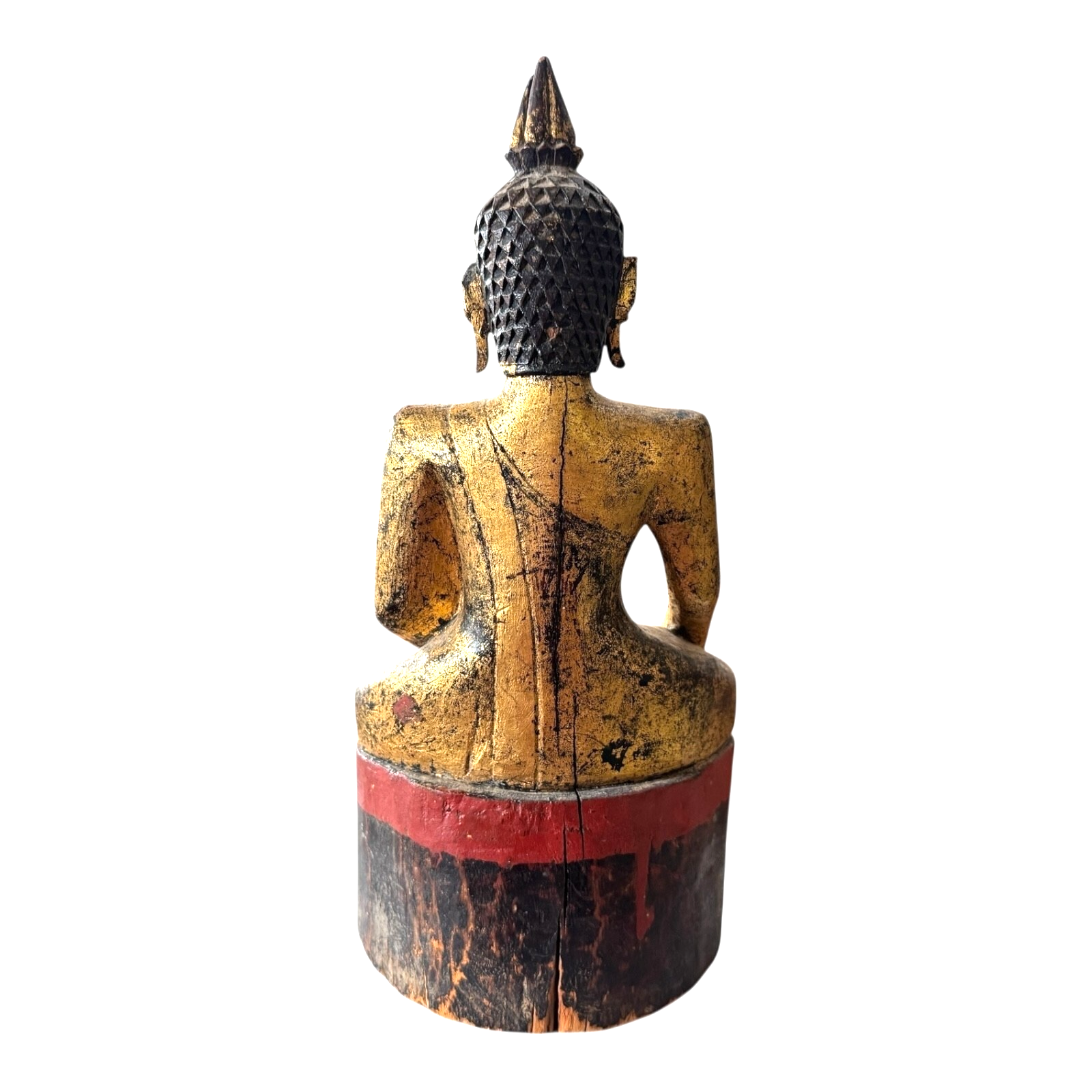 Antique Thai Gold Gilt Wood Carved Seated Buddha Statue on Red Base