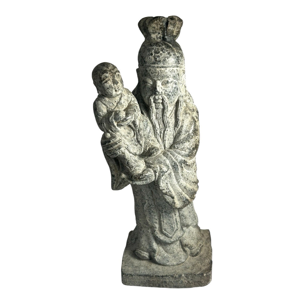 Antique Hand Carved Stone Shou Lao Statue with Child - God of Longevity
