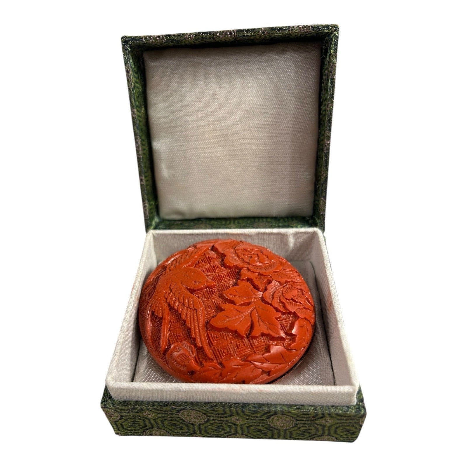 Vintage Chinese Cinnabar Paste Wax Stamp Covered Container with Box