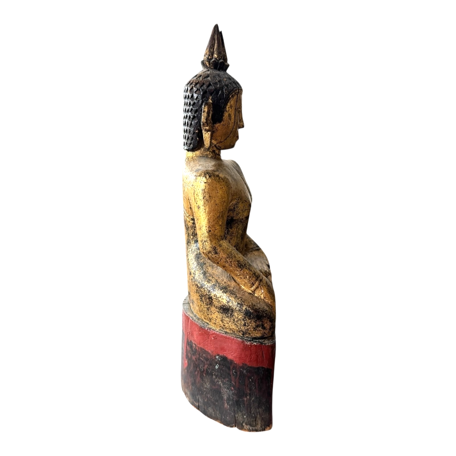 Antique Thai Gold Gilt Wood Carved Seated Buddha Statue on Red Base
