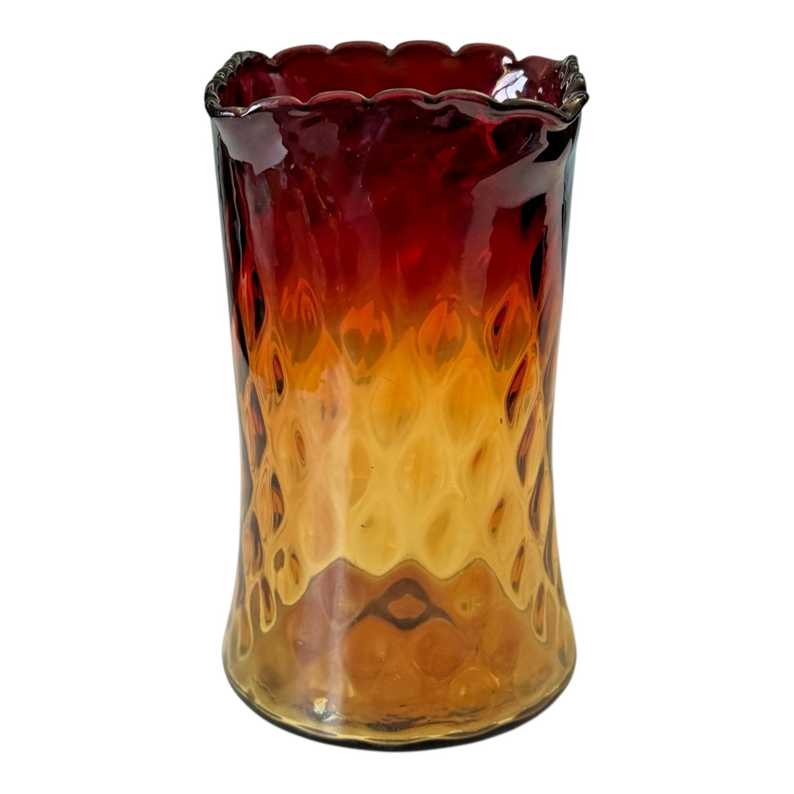Antique New England Amberina Glass Raindrop Quilted Square Top Celery Vase
