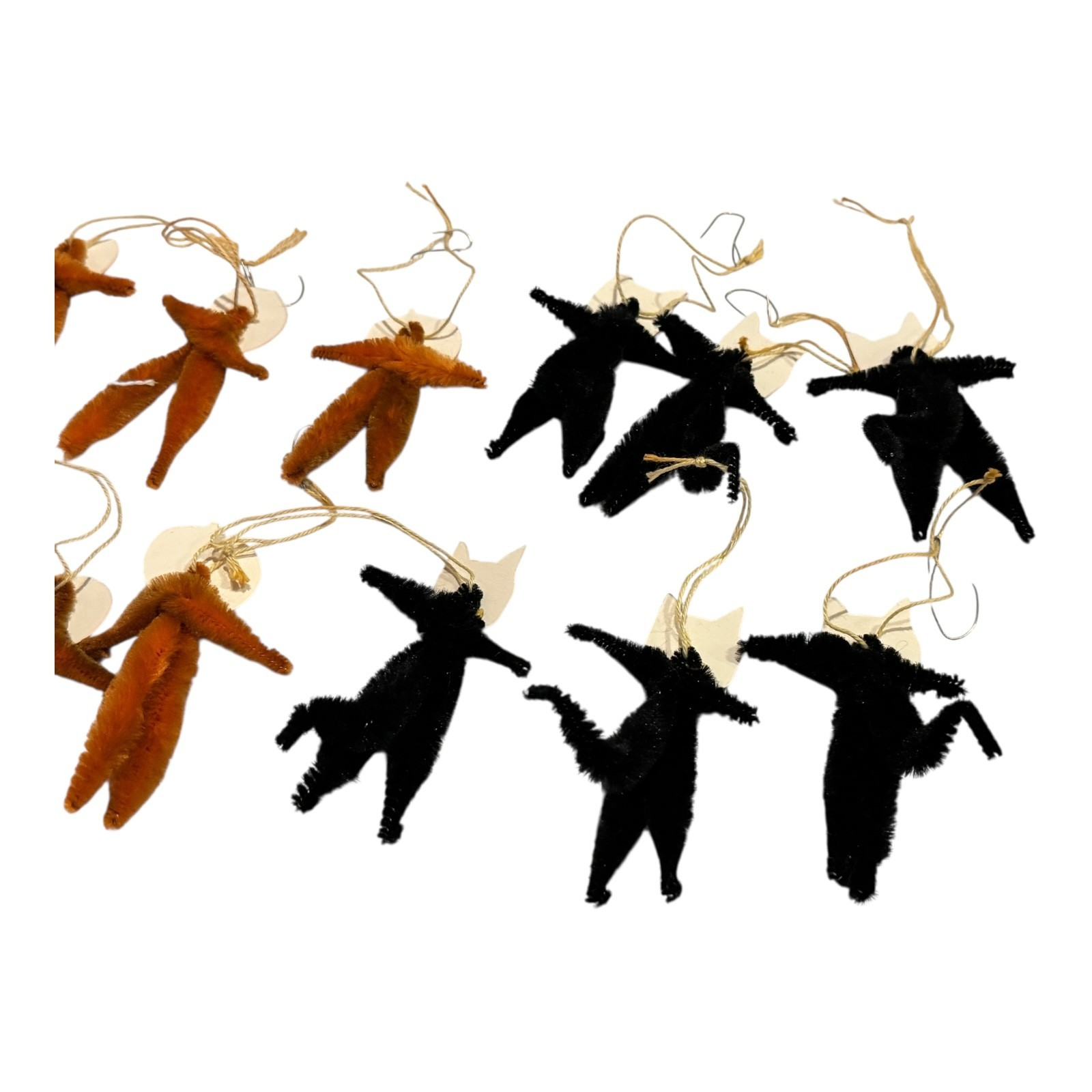 Vintage Japan Chenille Halloween Black Cat & Pumpkin Ornaments (Set of 12)