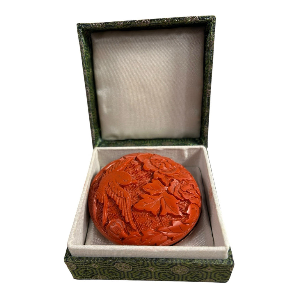 Vintage Chinese Cinnabar Paste Wax Stamp Covered Container with Box