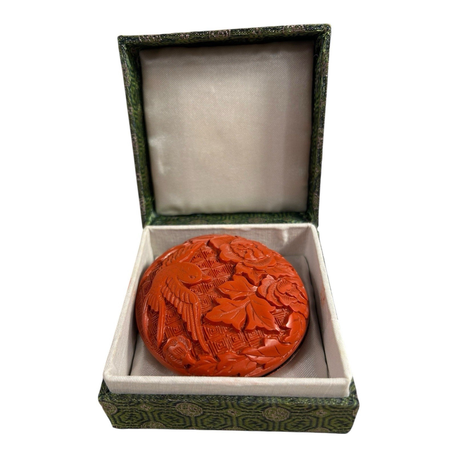 Vintage Chinese Cinnabar Paste Wax Stamp Covered Container with Box