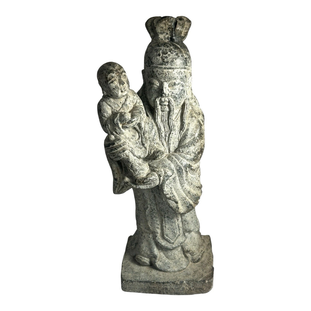 Antique Hand Carved Stone Shou Lao Statue with Child - God of Longevity