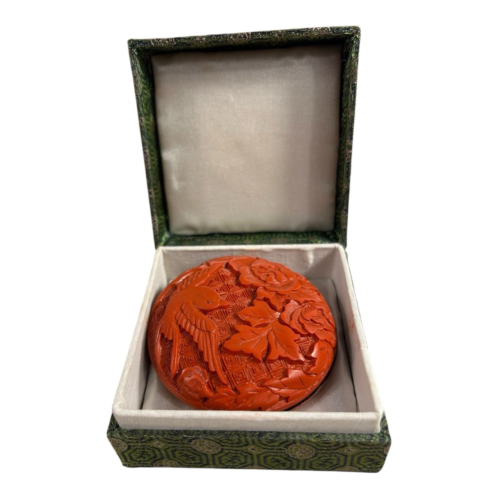 Vintage Chinese Cinnabar Paste Wax Stamp Covered Container with Box