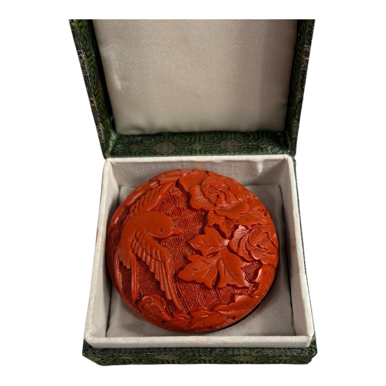 Vintage Chinese Cinnabar Paste Wax Stamp Covered Container with Box