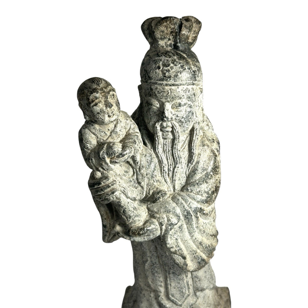 Antique Hand Carved Stone Shou Lao Statue with Child - God of Longevity