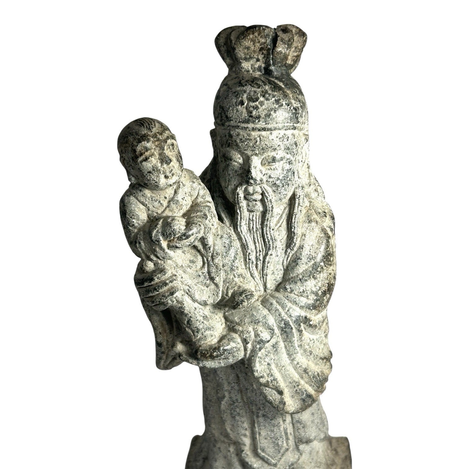 Antique Hand Carved Stone Shou Lao Statue with Child - God of Longevity