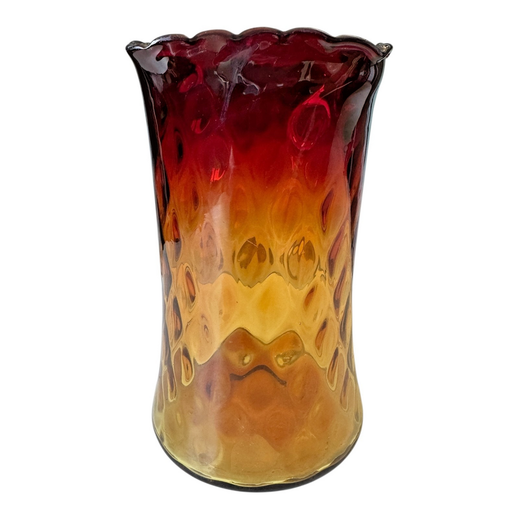 Antique New England Amberina Glass Raindrop Quilted Square Top Celery Vase