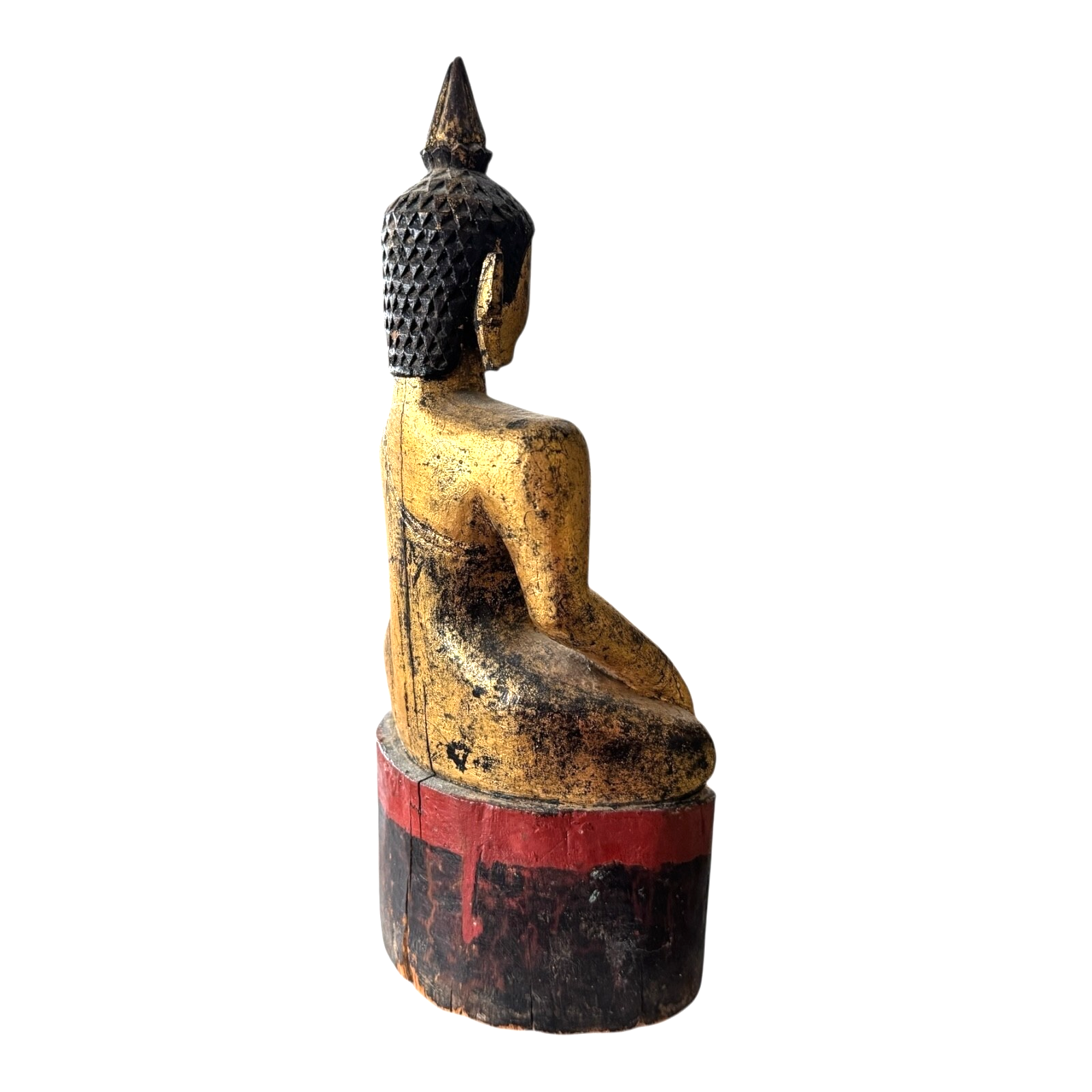 Antique Thai Gold Gilt Wood Carved Seated Buddha Statue on Red Base