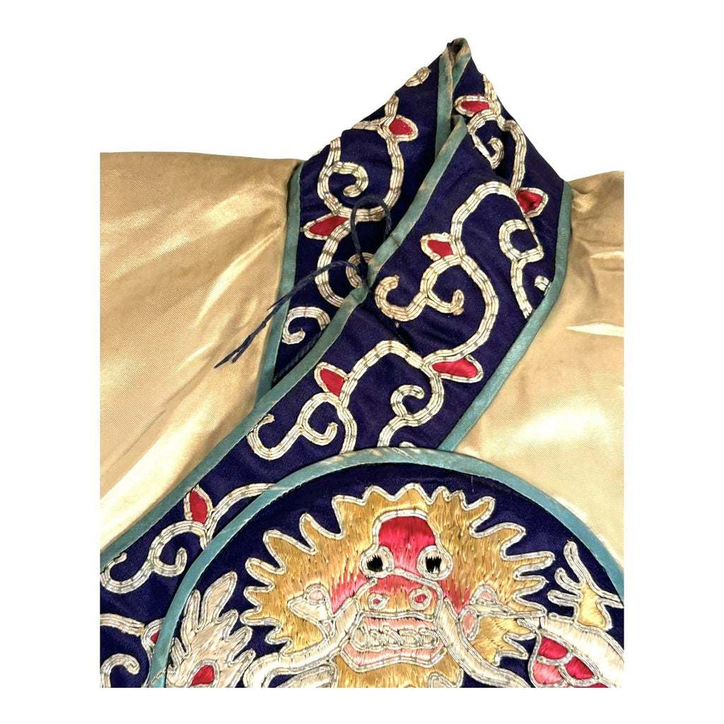 Antique Chinese Hand Embroidered Qing Dynasty Silk Dragon Themed Child's Robe