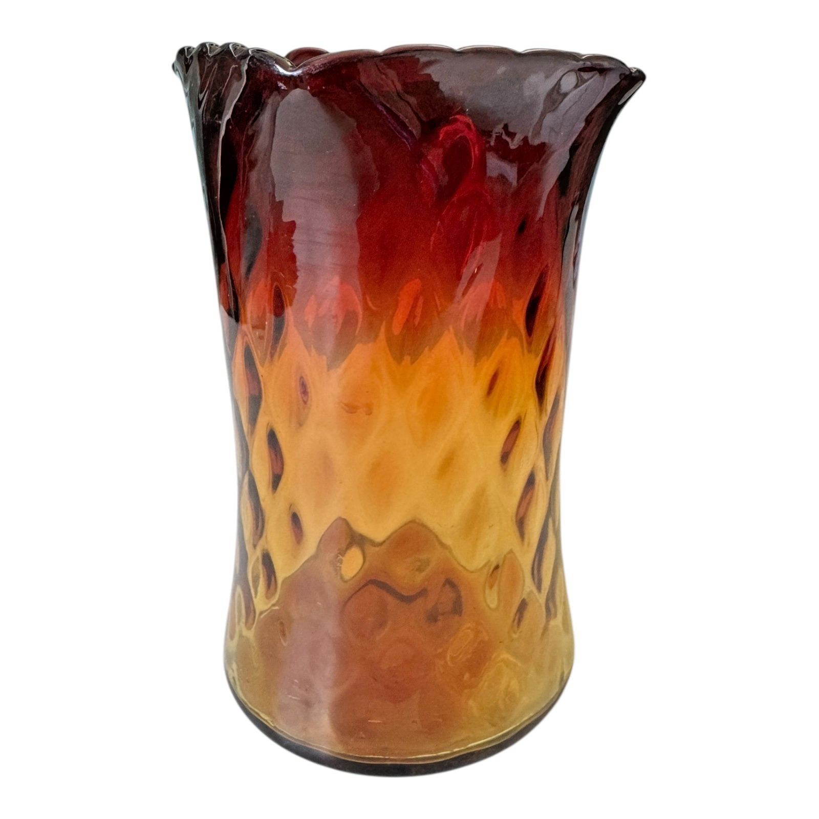 Antique New England Amberina Glass Raindrop Quilted Square Top Celery Vase