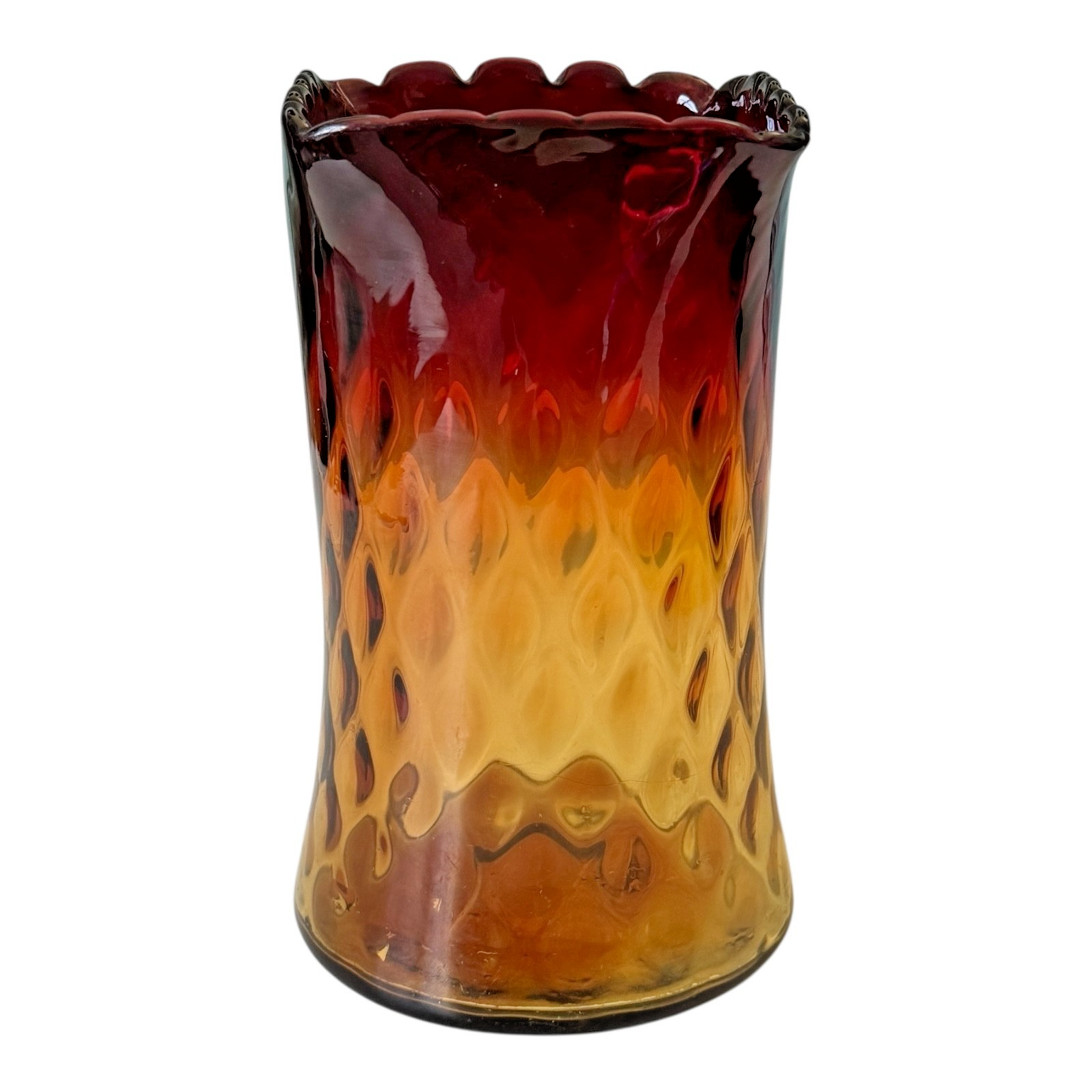 Antique New England Amberina Glass Raindrop Quilted Square Top Celery Vase