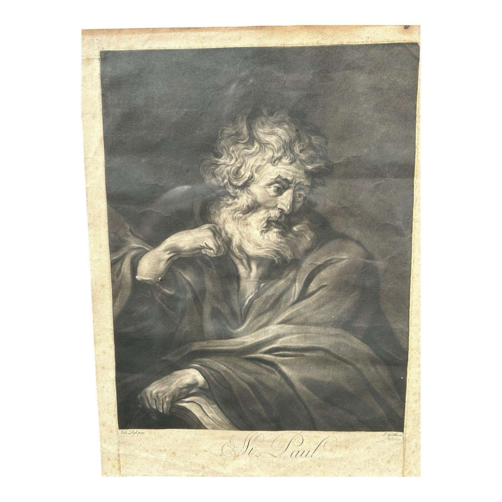 Antique 18th Century Van Dyck Pinx Religious Christian Portrait Print of St Paul