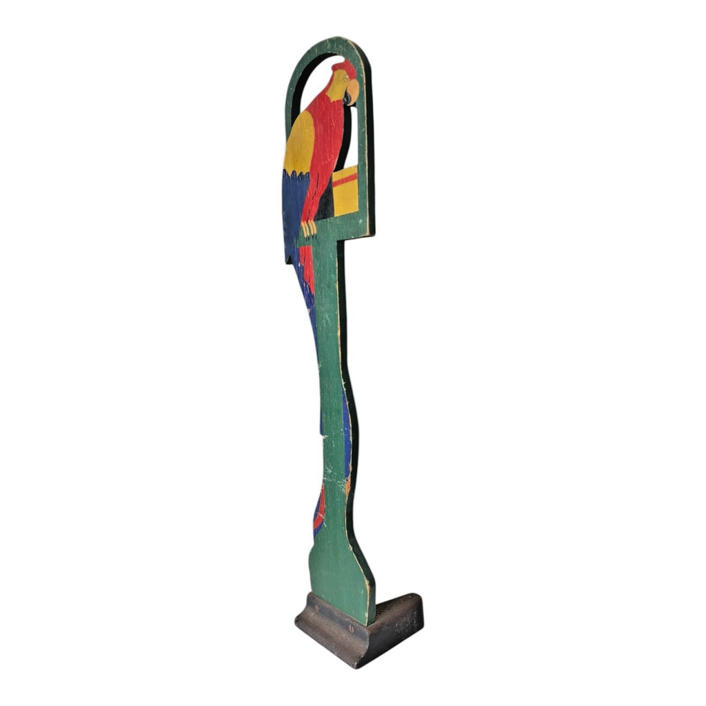 Antique Tall Stop-U-Door Hand Painted Wooden Parrot Doorstop with Cast Iron Base