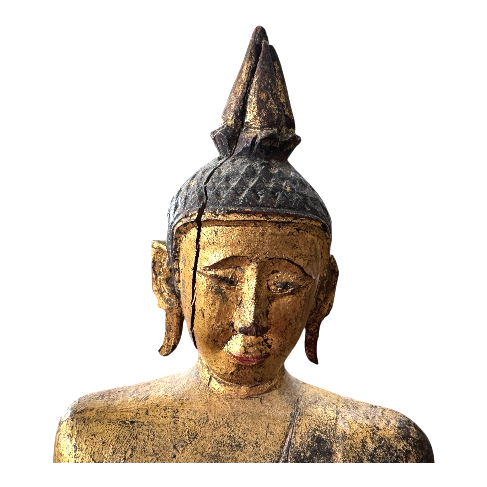 Antique Thai Gold Gilt Wood Carved Seated Buddha Statue on Red Base