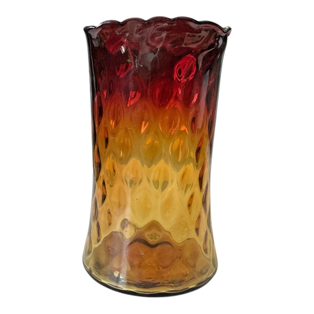 Antique New England Amberina Glass Raindrop Quilted Square Top Celery Vase