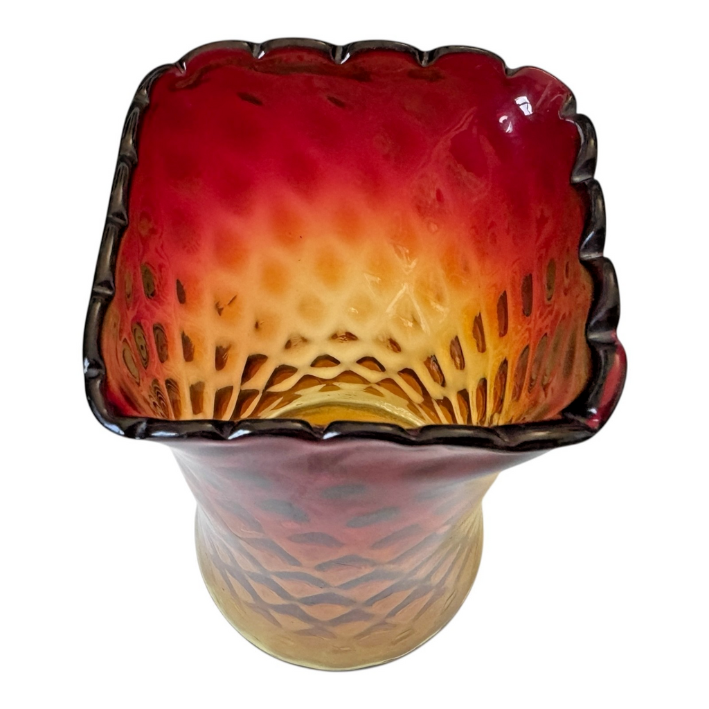 Antique New England Amberina Glass Raindrop Quilted Square Top Celery Vase
